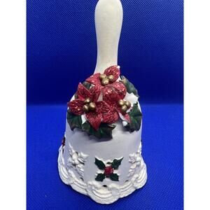 Vintage White Porcelain Christmas Bell with Holly, Berries, and Bow